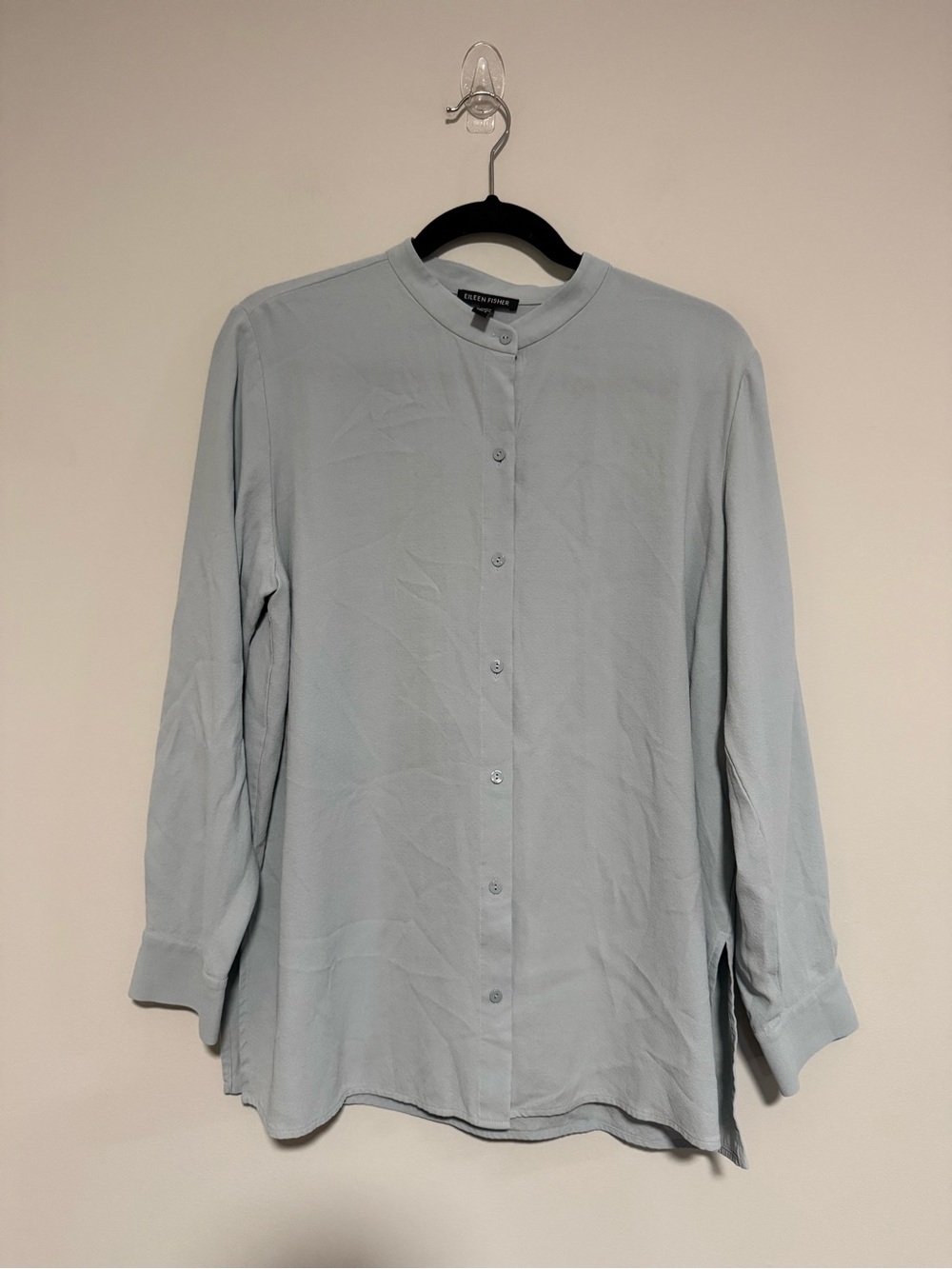 Eileen Fisher Blue Gray Mandarin Collar Washable Silk Long Sleeve Top Size Small
